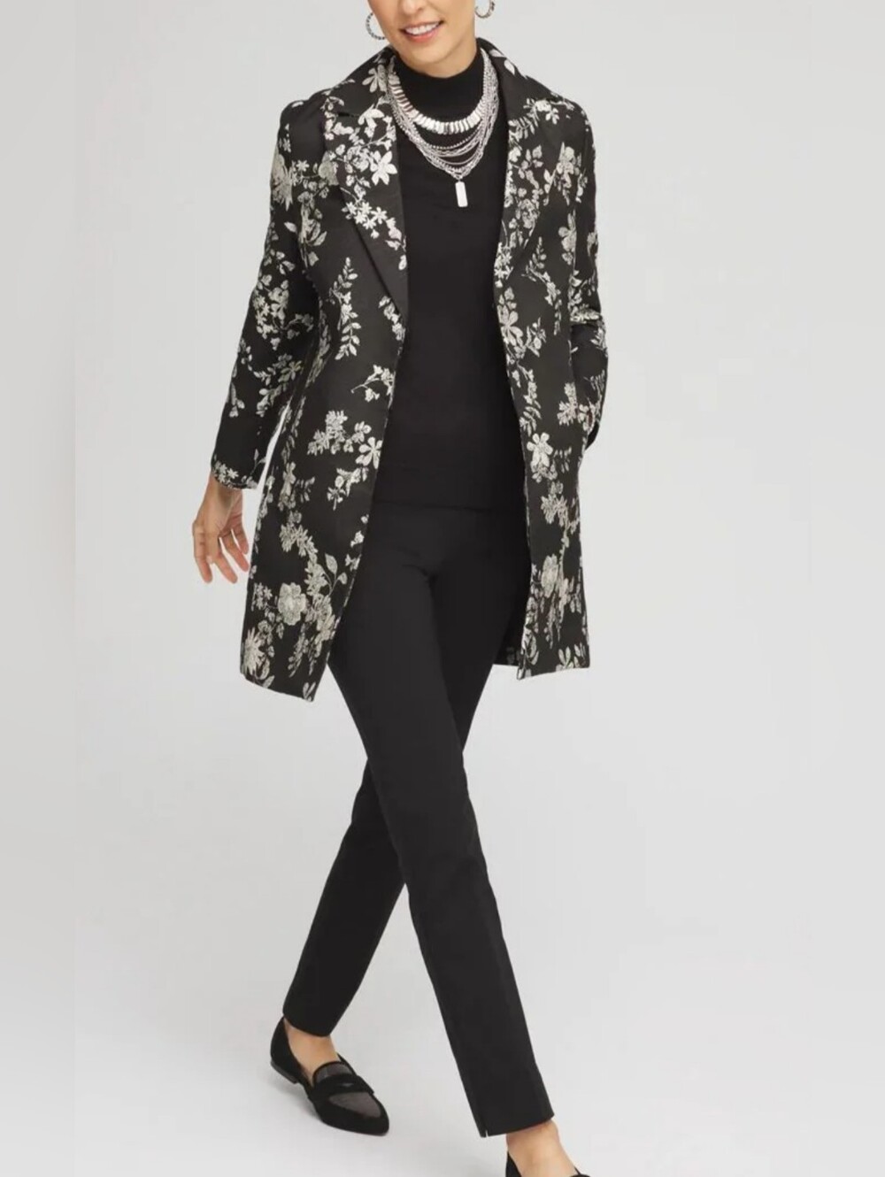 Black Floral Jacquard Long Blazer Chico's